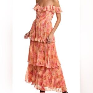 Theia Coral Floral Tiered Maxi Dress